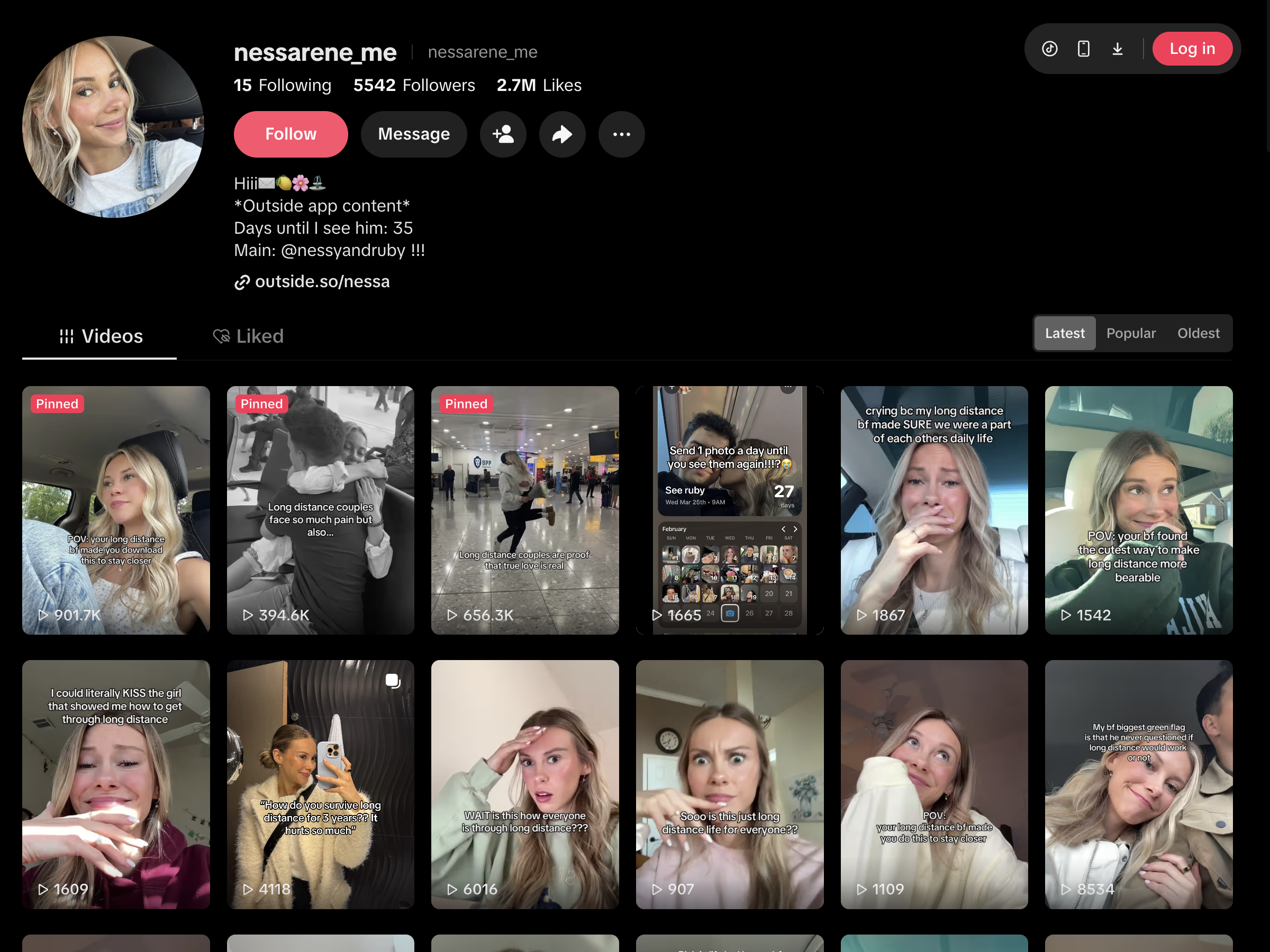 TikTok profile nessarene_me, showing a personal portrait, an Outside app bio and a grid of long-distance relationship posts.