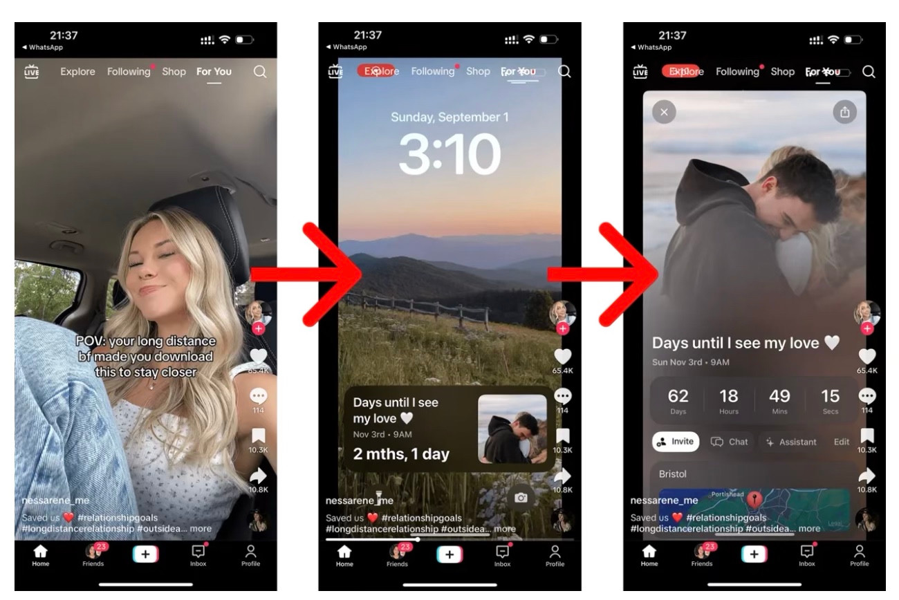 Three-slide reference: a creator selfie with the long-distance boyfriend hook, a Lock Screen countdown, then an event screen titled Days until I see my love.