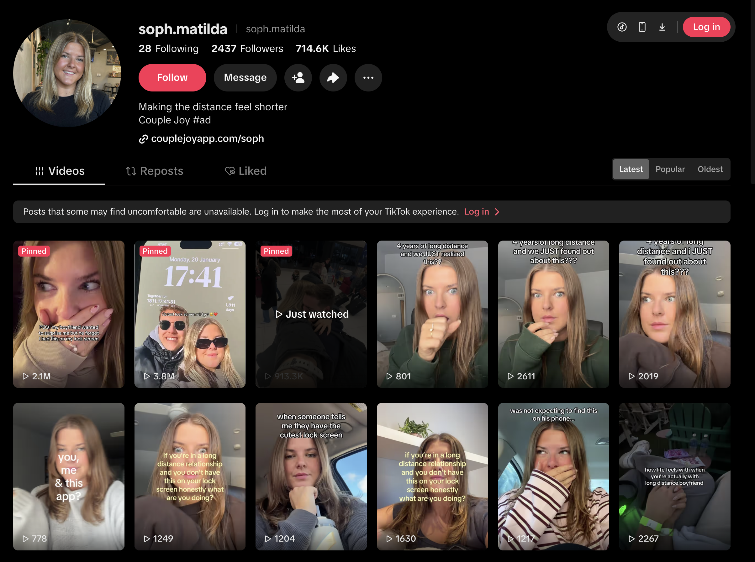 TikTok profile soph.matilda, showing a personal portrait and a grid of relationship posts, including a Lock Screen widget example.
